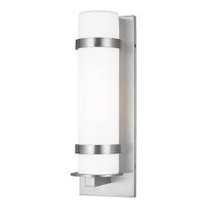lot 22 image: Generation Lighting Alban Modern 1-Light Outdoor Exterior Medium Round Wall Lantern In Satin Aluminum Silver Finish With Etched Opal Glass Shad