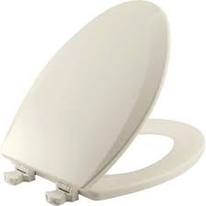 lot 65 image: BEMIS Elongated Enameled Wood Closed Front Toilet Seat in Biscuit Removes for Easy Cleaning