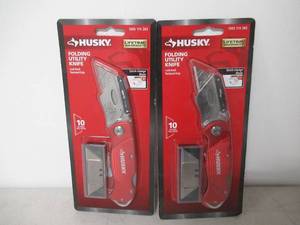 lot 119 image: Set of 2 HUSKY Folding Lock-Back Utility Knife, Red with 10-Blades