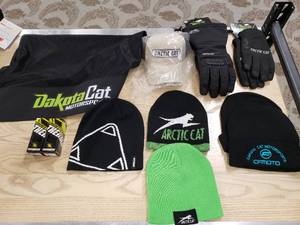 lot 176 image: Lot of Artic Cat gloves,  hats, 2 Thermatex Balaclave and a Dakota Cat Bag