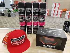 lot 200 image: Quick Drying Chain Degreaser, LS2 Goggles. Troy Lee GasGas Hat