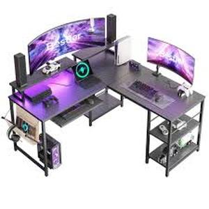 Bestier L-Shaped Desk LED 95.2 in. Computer Corner Desk with Keyboard Tray Monitor Stand Gaming Carbon Fiber Customer Returns See Pictures