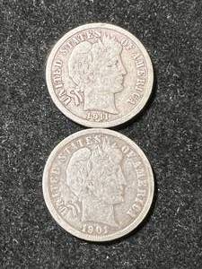 2 US BARBER DIMES 1901-O 1911-D