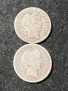 2 US BARBER DIMES 1901 1908-S