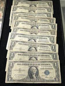 GROUP OF 10 US BLUE SEAL $1 SILVER CERTIFICATES