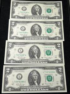 4 CONSECUTIVE SERIAL NUMBERED $2 BILLS