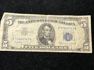 1953B US BLUE SEAL $5 SILVER CERTIFICATE
