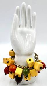 lot 15 image: Vintage Multicolor Bakelite Bead and Block Bracelet on Silver-Tone Chain