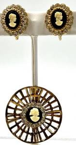 lot 26 image: Vintage Cameo Coro Earrings and Brooch Set with Rhinestones