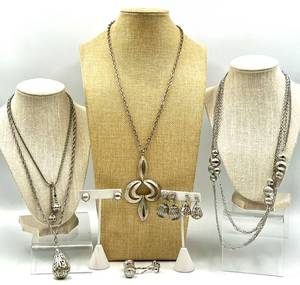 lot 36 image: Collection of Silver Tone Fashion Jewelry Necklaces and Earrings including Sarah Coventry, Coro, Tammy Jewels