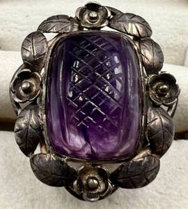 Vintage Sterling Silver and Amethyst Ring with Carved Floral Design