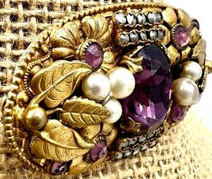 Vintage Ornate Gold Flower Brooch with Amethyst and Pearls