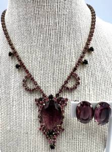 lot 12 image: Vintage Amethyst and Ruby Rhinestone Necklace and Sterling Silver Earrings Set