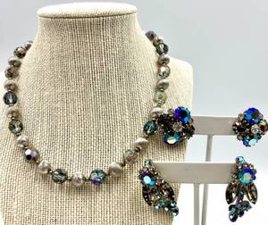 lot 13 image: Vintage Bergere Necklace and Two Pair of Coordinating Earrings with Crystal Faceted Beads