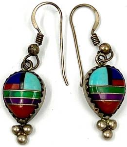 lot 20 image: Sterling Silver ZUNI Teardrop Earrings with Multi-Color Inlay