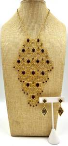 lot 42 image: Gold Filigree Necklace and Earrings Set with Red Gem Accents