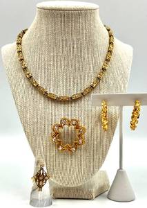 lot 43 image: Gold-Tone Jewelry Set with Monet Necklace, Brooch, Earrings, and Ring