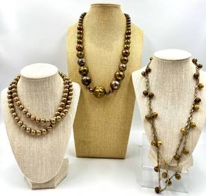 lot 44 image: Collection of Three Vintage Beaded Necklaces in Varied Metallic Tones