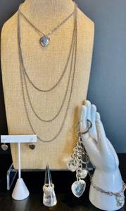 lot 54 image: Collection of Heart-shaped Charms and Chains Jewelry Set including Sterling Silver