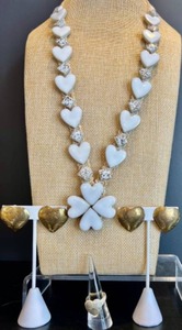 lot 55 image: Vintage White Heart Necklace, Gold-Tone Heart Earrings and Sterling Silver Ring
