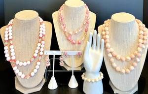 lot 63 image: Collection of Vintage Pink Bead and Pearl Necklaces with Earrings and Bracelet including Napier