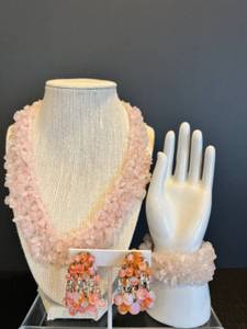 lot 65 image: Set of Rose Quartz Necklace, Bracelet, and Earrings with Silver Accents