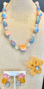 lot 70 image: Colorful Statement Necklace Stamped Japan, Earrings & Beaded Flower Brooch Set