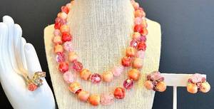 lot 71 image: Vintage Vogue Jewelry Set with Pink Beaded Necklace, Clip-On Earrings, and Ring