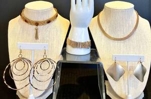 lot 83 image: Vintage Jewelry Collection Gold Choker, Metal Choker Bracelet, and Statement Earrings