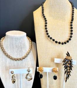 lot 98 image: Set of 2 Gold Tone Beaded Necklaces, 3 Pairs of Earrings and Stunning Black Stone Brooch