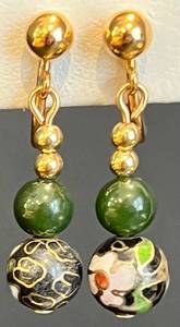 lot 121 image: Elegant Jade and Cloisonn Dangle Earrings with Gold Tone Clip-On Design