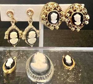 lot 131 image: Collection of Vintage Cameo Earrings, Mini Pendants and Brooch