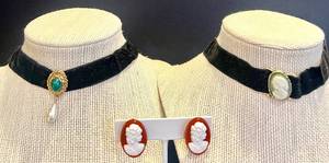 lot 136 image: Vintage Cameo Clip-On Earrings and Velvet Choker Necklace Set