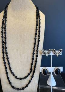 lot 145 image: Elegant Black Beaded Necklace and Clip-On Earrings and Brooch Set