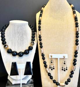 lot 147 image: Elegant Black Bead Jewelry Set with Necklace and Earrings Including Napier and 1928 Brands