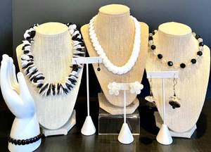 lot 149 image: Set of 3 Black and White Chunky Statement Necklaces with Earrings and Bracelet including German Lucite & Japan Pieces