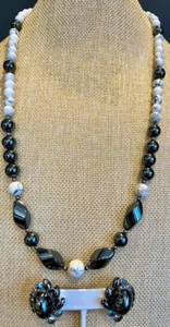 lot 150 image: Stylish White Howlite and Hematite Beaded Necklace with Pierced Earrings Set