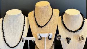 lot 152 image: Set of 3 Vintage Black Beaded Necklaces, Brooch and Matching Earrings