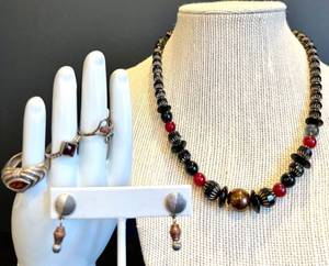 lot 153 image: Collection of Vintage Jewelry Necklace, Earrings, and Three Sterling Silver and Stone Rings