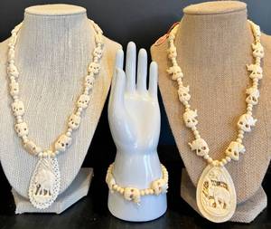 lot 160 image: Set of Two Hand-Carved Elephant Design Necklaces with Matching Bracelet