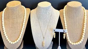 lot 162 image: Set of 3 Intracately Carved Beaded Necklaces and 12k Gold Plated Chain with Earrings