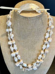 lot 164 image: Japanese Two-Strand Mother of Pearl Necklace with Floral Carved Mother of Pearl Hair Pin