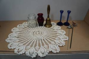 lot 99 image: Assorted Home Dcor -Ruby Glass Vase, Cobalt Candlesticks, Brass Bell