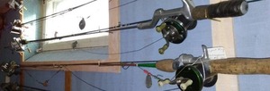 lot 550 image: Vintage Fishing Reel and Rod Set (4) Shakespeare Criterion, South Bend, Sport King