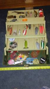 lot 568 image: Vintage Plano Tackle Box with Assorted Fishing Lures and Gear