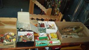 lot 635 image: Large Collection of Vintage Fishing Lures and Tackle Box Items