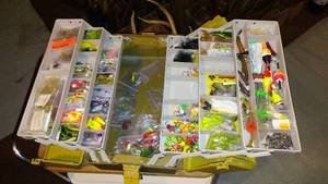 lot 708 image: Fishing Tackle Box with Assorted Lures, Weights, and Accessories