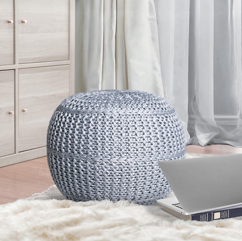 lot 147 image: NEW BirdRock Home Hand-Knitted Lightweight Pouf - Soft Silver