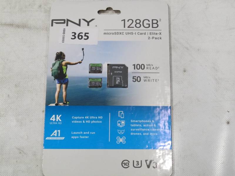 lot 278 image: NEW PNY Elite-X (128GB, 2 Pk) MicroSDXC USH-IU3 Class 10 V30, 100MBS With Adapter