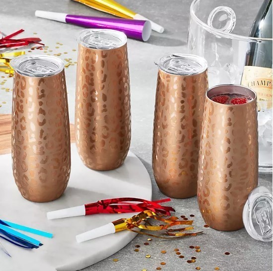 lot 298 image: NEW  Members Mark 14oz. Stainless Steel Insulated Flute Tumblers with Lids, 4 Pack - Bronze Animal Print